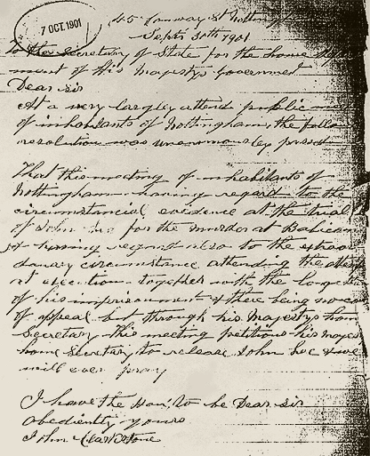 1901 public petition from Nottingham residents demanding the release of John Lee after 16 years in prison.