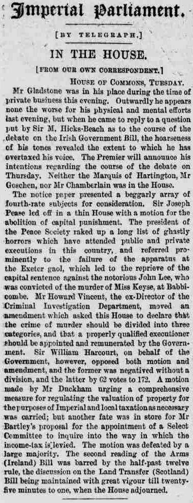 Bristol Mercury 1886 article on Babbacombe Murder debate in Parliament