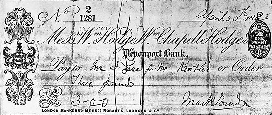 Cheque for £3 issued to John Lee by Devonport pawnbroker Mark Emdon for the stolen silverware