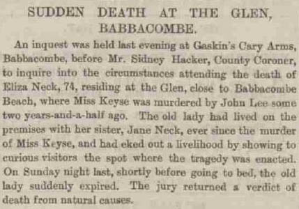 Western Times report on the sudden death of Eliza Neck at The Glen, 8 December 1886
