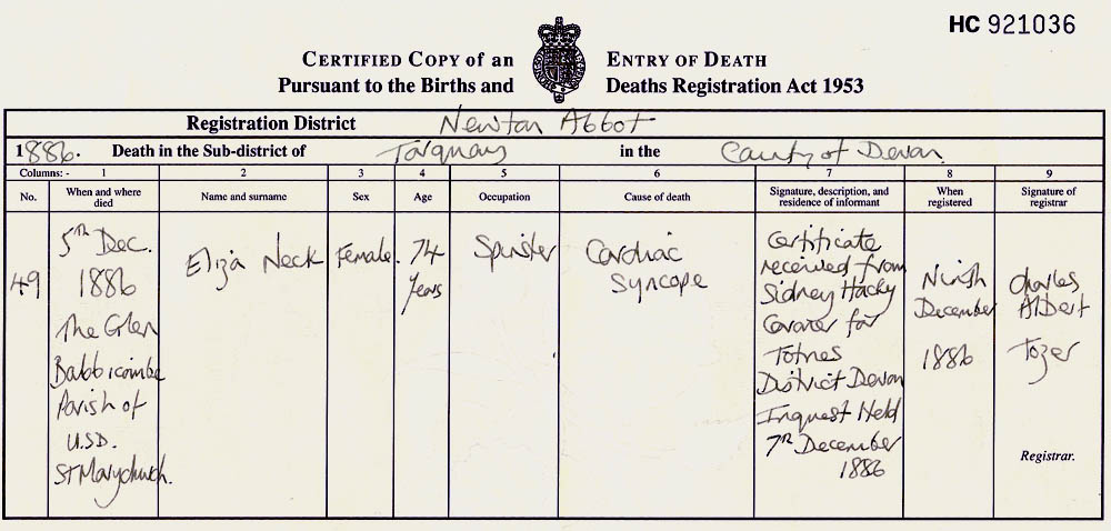 Official death certificate of Eliza Neck, dated 5 December 1886, showing natural causes