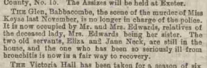 Front page of the Exeter and Plymouth Gazette Daily Telegrams, dated 12 March 1885, reporting changes at The Glen following the Keyse murder