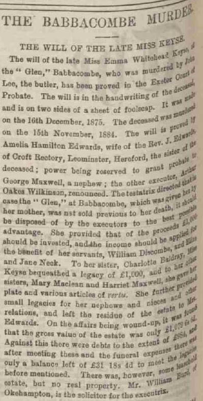 Newspaper clipping from 1 April 1885 about Emma Keyse's will being proved at Exeter Probate Court