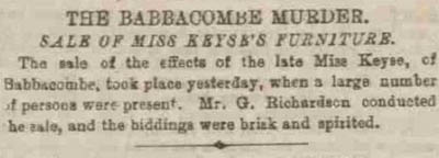 Newspaper notice from 17 April 1885 about the sale of Miss Keyse’s possessions
