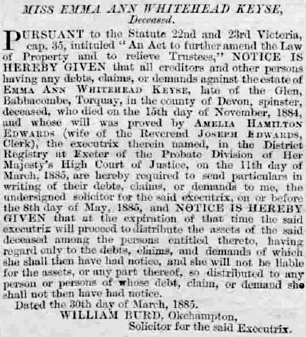 Public notice in Exeter Gazette calling for creditors of Emma Keyse to submit claims by 8 May 1885