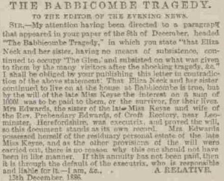 Letter to the editor by George Whitehead correcting the claim about Eliza and Jane Neck’s financial status