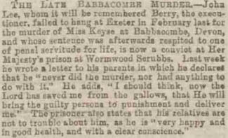Portsmouth Evening News headline on 5 October 1885 quoting John Lee's letter declaring his innocence