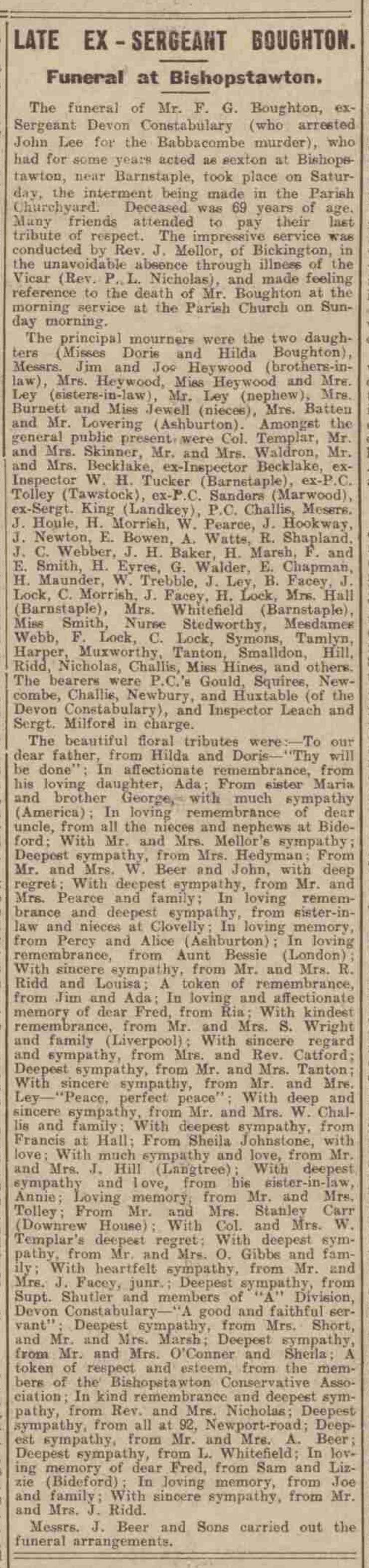 Funeral notice of Sergeant F.G. Boughton in the North Devon Journal, 28 August 1924