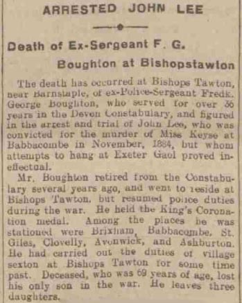 Newspaper obituary for Sergeant F.G. Boughton in the Western Times, 22 August 1924, highlighting his role in the John Lee case