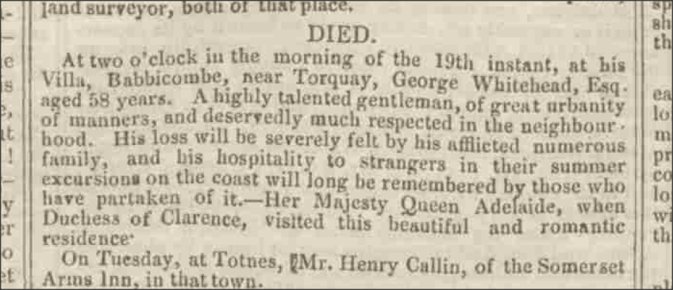 1831 newspaper report on the death of Thomas Keyse, mentioning Princess Adelaide's earlier visit to The Glen