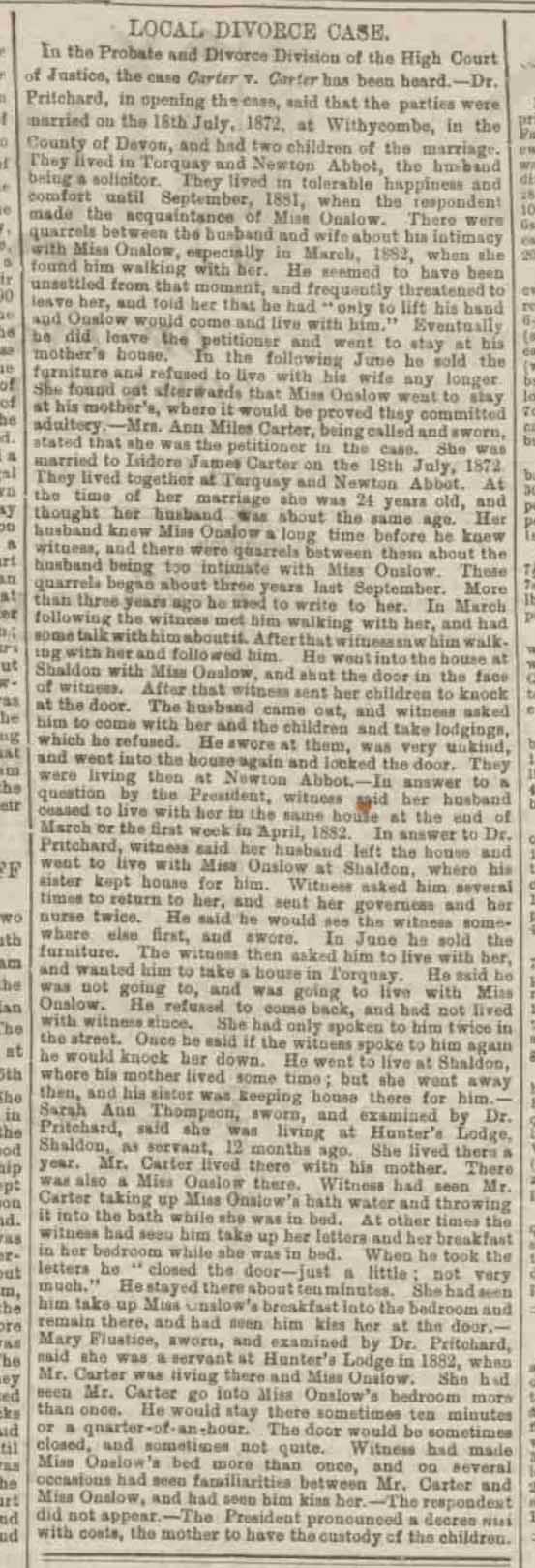 Exeter and Plymouth Gazette report on Carter v Carter divorce case, February 1885
