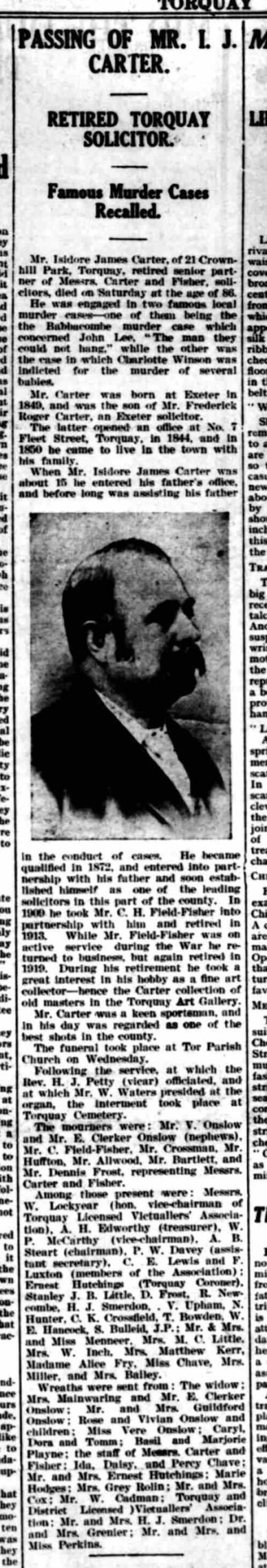 orquay Times obituary for Isidore James Carter, solicitor involved in Babbacombe Murder, 1936